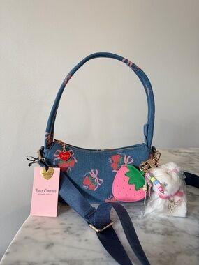 JUICY COTOURE Denim Strawberry Festival Shoulder Bag -Blue with Pink Accents-NEW